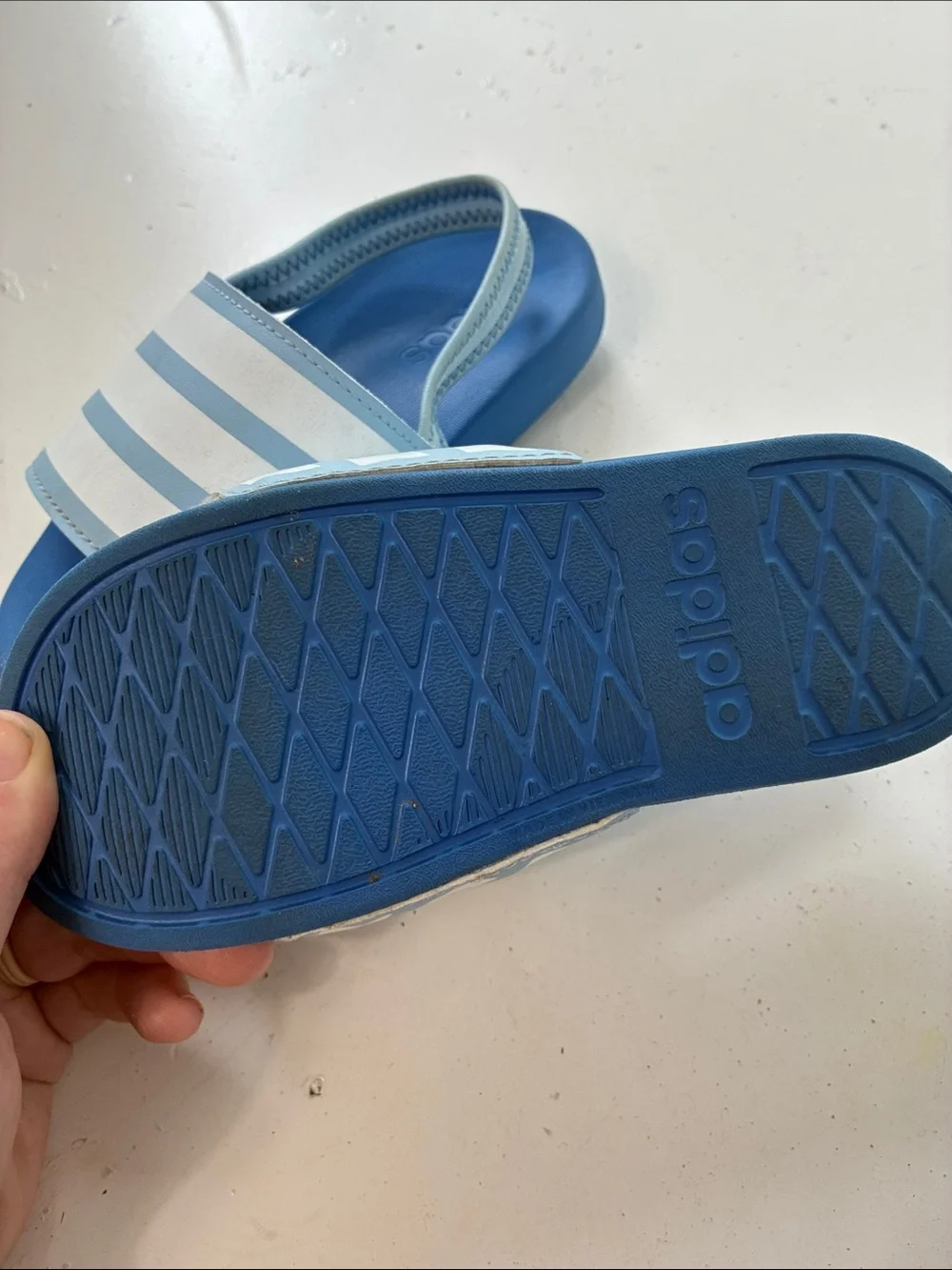 Adidas Youth Sz 1 Slip On Striped Blue Sandal with Strap